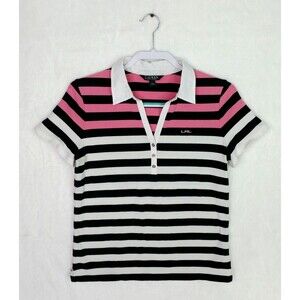 Women's Vintage Y2K Ralph Lauren Striped Polo Shirt Top Sz L Large Black Pink
